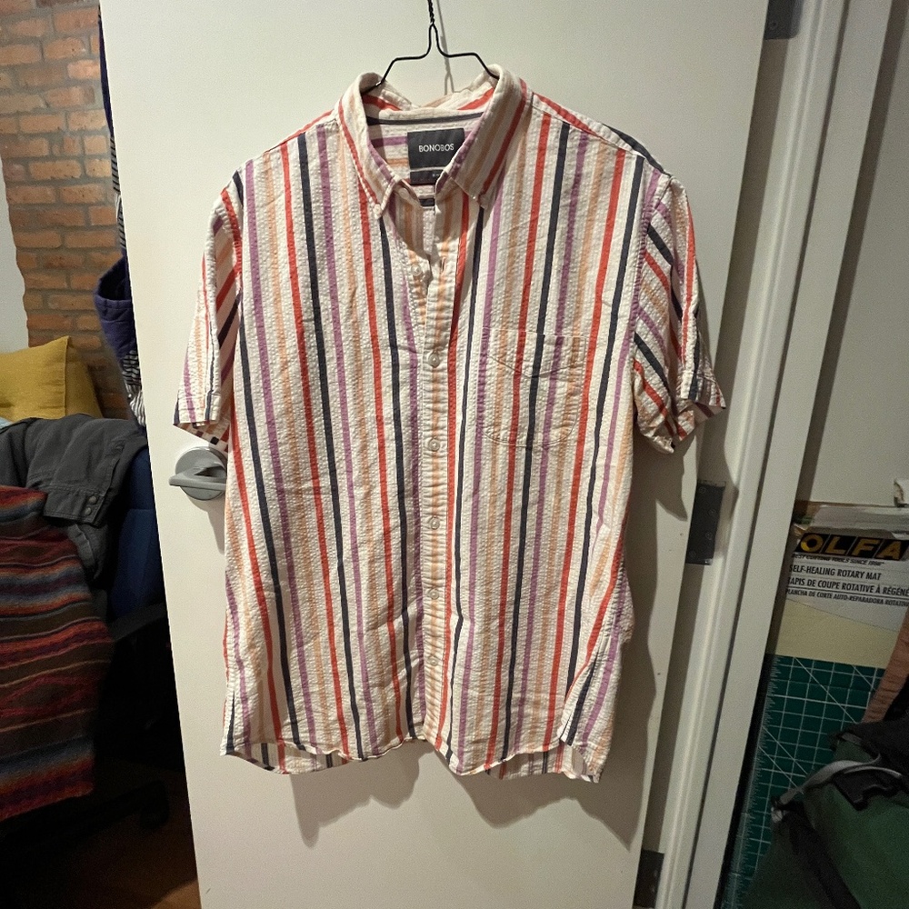 Men's striped colorful Bonobos 100% cotton short sleeve button down shirt Large